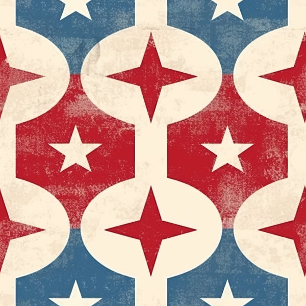 red, white, blue, patriotic, stars, diamond shapes, geometric pattern, distressed texture, vintage look, americana,, fabric panel, repeating motif, four-pointed stars, hexagonal shapes, weathered finish, circular elements, interconnected design, nostalgic feel