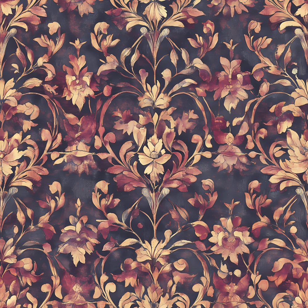 burgundy floral, deep navy background, cream flowers, coral pink petals, rust orange blooms, damask pattern, scrolling vines, ornate florals, vintage botanical, traditional style, elegant design, romantic flowers, autumn colors, warm tones, nature-inspired, botanical print, ornamental leaves, curling stems, antique style, sophisticated pattern, rich jewel tones, fall florals, timeless design, classic floral, decorative botanical, warm autumn palette, heirloom style