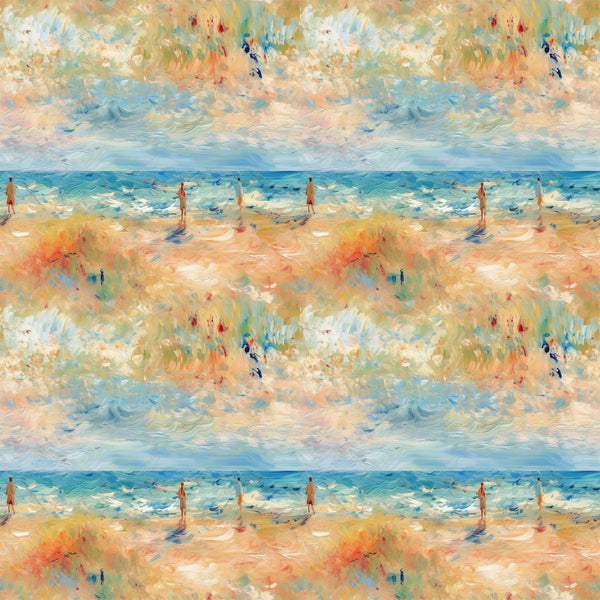 impressionist style, beach scene, ocean waves, sandy shore, human figures, soft brushstrokes, blue tones, peach colors, golden hues, aqua shades, coral tones, painterly effect, seaside landscape, summer mood, artistic pattern,, fabric panel, watercolor effect, coastal theme, repeating motif