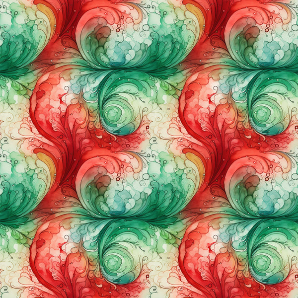 watercolor, christmas swirls, red, green, coral, teal, mint green, cream, ivory, flowing swirls, organic patterns, fluid design, repeating motifs, decorative scrolls, holiday fabric,, fabric panel, seamless pattern, festive colors, watercolor effect, botanical swirls, artistic design, soft blending, christmas crafting