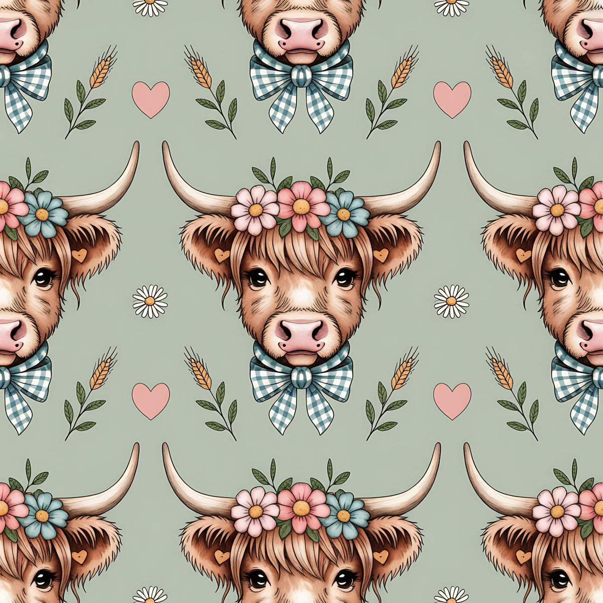 highland cow, cow heads, floral crown, gingham bow, sage green background, pink hearts, wheat stalks, daisies, pastoral pattern, farm animals, cottagecore,, fabric panel, repeating pattern, brown fur, horned cattle, country style, botanical elements, soft colors, whimsical design