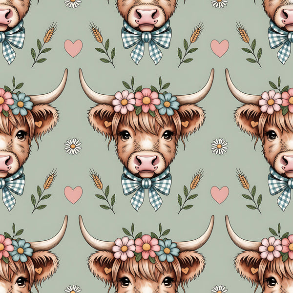 highland cow, cow heads, floral crown, gingham bow, sage green background, pink hearts, wheat stalks, daisies, pastoral pattern, farm animals, cottagecore,, fabric panel, repeating pattern, brown fur, horned cattle, country style, botanical elements, soft colors, whimsical design