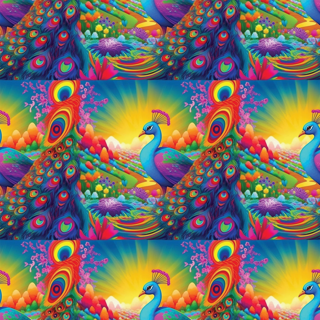 peacock feathers, vibrant rainbow colors, tropical birds, coral reef, underwater scene, psychedelic art style, turquoise blue, hot pink, electric orange, lime green, purple accents,, fabric panel, exotic animals, ocean life, fantasy landscape, neon bright colors, repeating pattern, whimsical design, tropical paradise