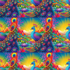 peacock feathers, vibrant rainbow colors, tropical birds, coral reef, underwater scene, psychedelic art style, turquoise blue, hot pink, electric orange, lime green, purple accents,, fabric panel, exotic animals, ocean life, fantasy landscape, neon bright colors, repeating pattern, whimsical design, tropical paradise