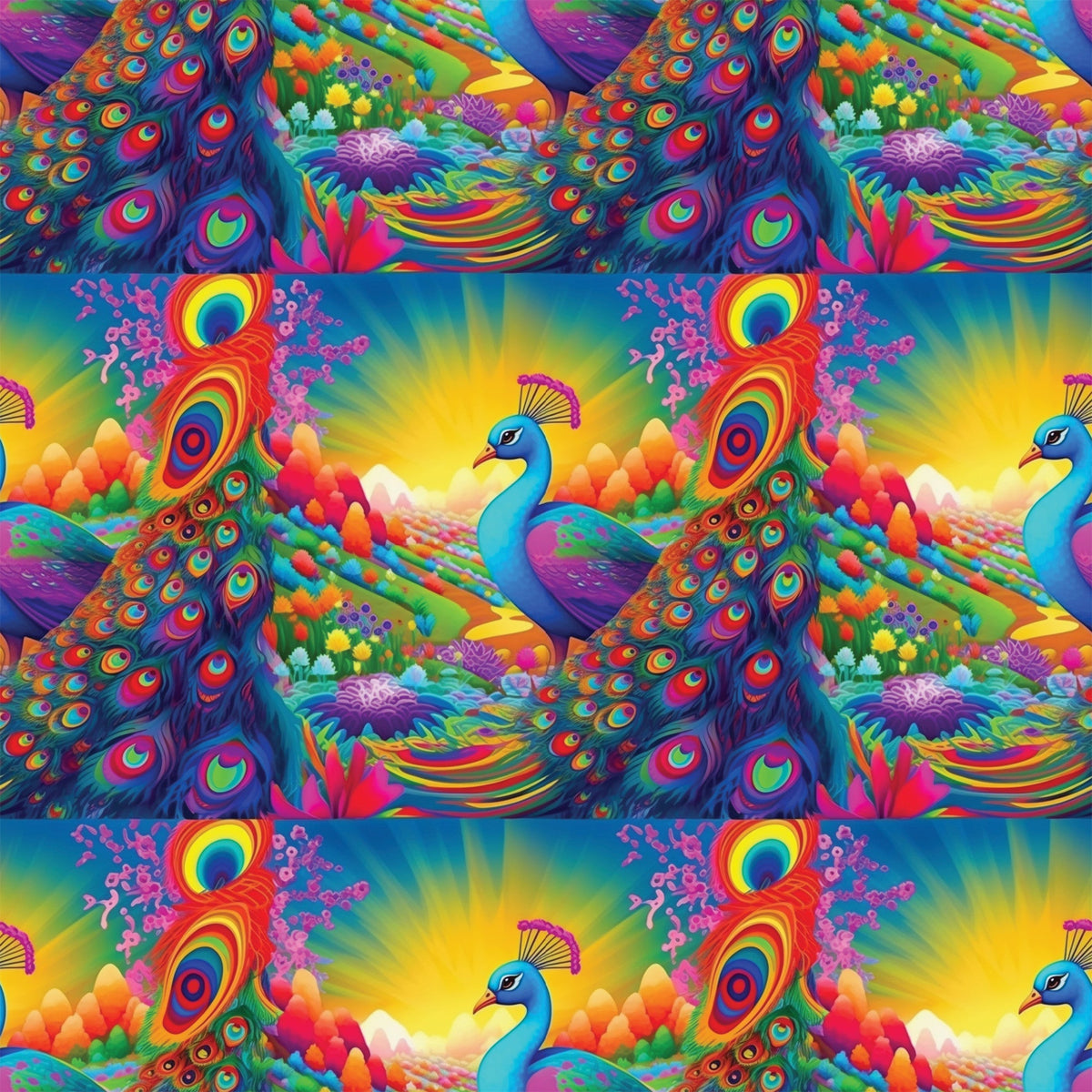 peacock feathers, vibrant rainbow colors, tropical birds, coral reef, underwater scene, psychedelic art style, turquoise blue, hot pink, electric orange, lime green, purple accents,, fabric panel, exotic animals, ocean life, fantasy landscape, neon bright colors, repeating pattern, whimsical design, tropical paradise