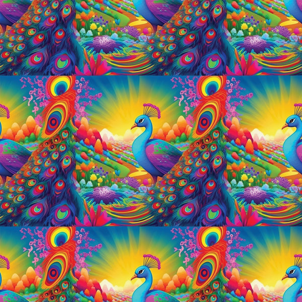 peacock feathers, vibrant rainbow colors, tropical birds, coral reef, underwater scene, psychedelic art style, turquoise blue, hot pink, electric orange, lime green, purple accents,, fabric panel, exotic animals, ocean life, fantasy landscape, neon bright colors, repeating pattern, whimsical design, tropical paradise
