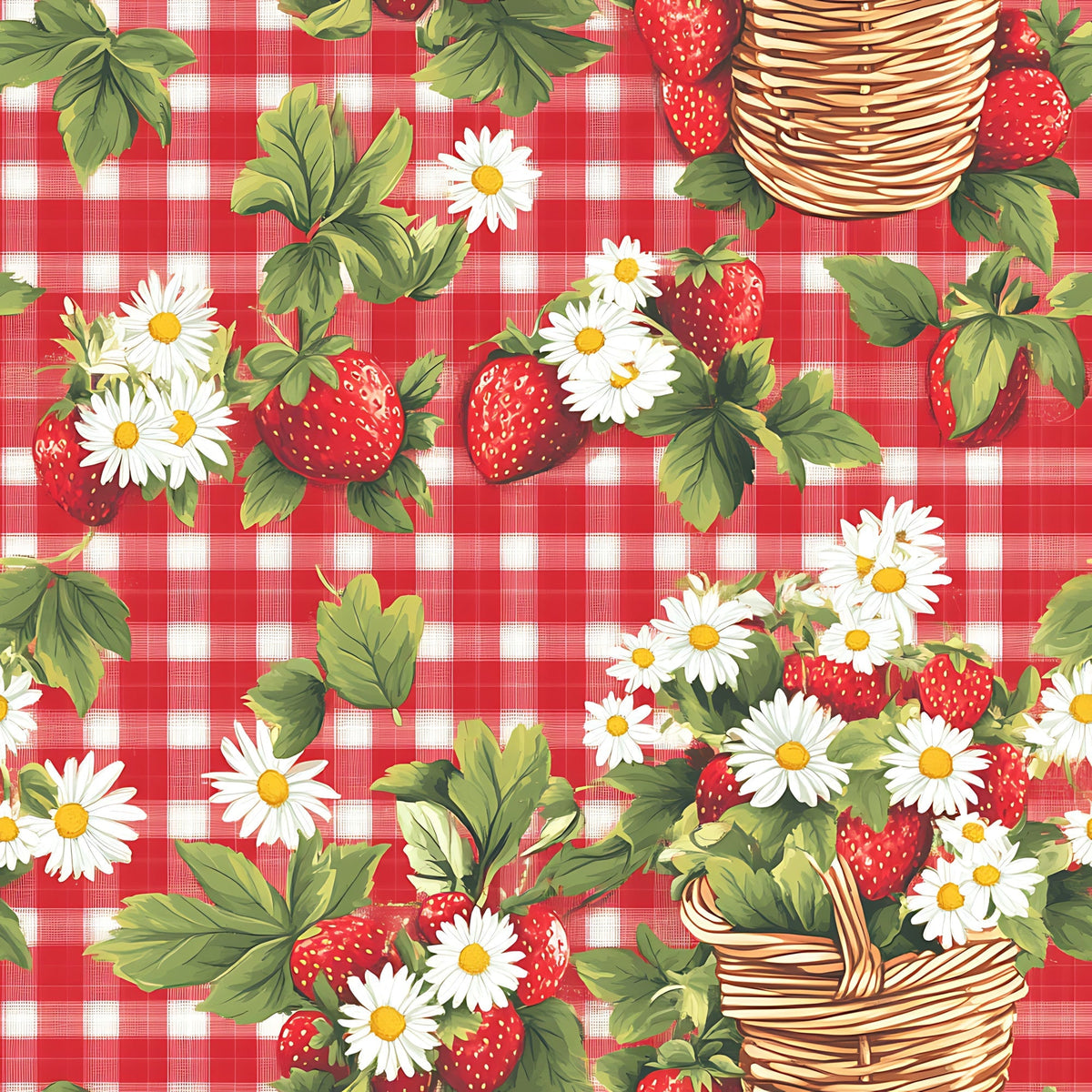 red gingham, white checkered, strawberries, daisy flowers, wicker baskets, green leaves, picnic theme, summer vibes,, fabric panel, botanical elements, red and white, country style, floral motifs, basket weave, cheerful pattern, vintage inspired, cottage core, strawberry picking, outdoor theme