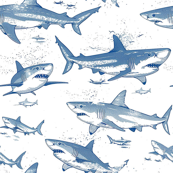blue sharks, white background, marine animals, ocean creatures, swimming sharks, nautical theme, sea life, blue and white, repeating pattern,, fabric panel, sketched illustration, underwater scene, shark silhouettes, maritime design, aquatic animals, ocean pattern, coastal theme, nature wildlife, swimming motion