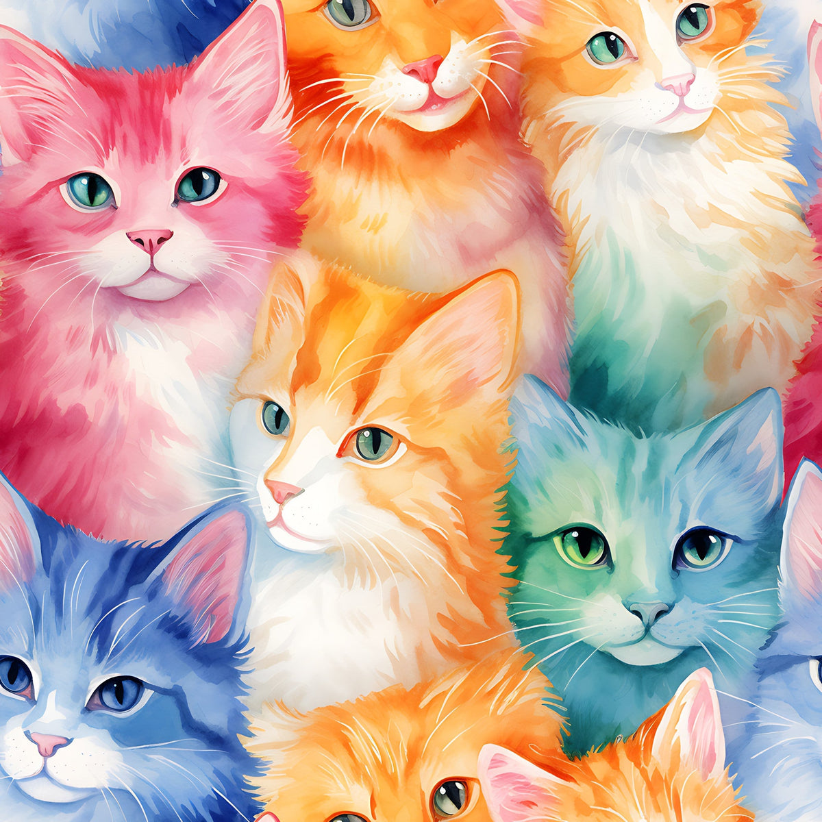 Watercolor Whiskers Pattern 3 fleece fabric with colorful pink, orange, blue and green kittens in a watercolor-style repeat