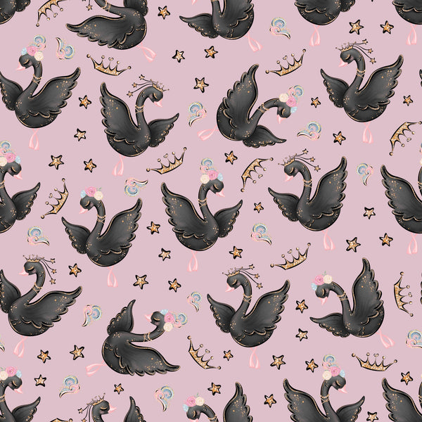 pink background, black swans, golden crowns, stars, bubbles, whimsical pattern, ballet theme,, fabric panel, cute animals, magical design, girly motif, pastel colors, scattered elements, dancing swans, princess theme, kawaii style, repeat pattern, crafting fabric, nursery design