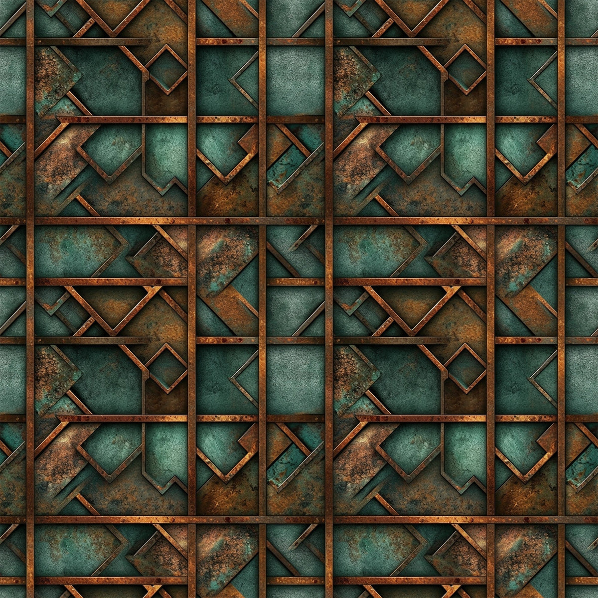 teal, copper, rust, patina, geometric squares, metallic texture, weathered metal, oxidized finish, industrial pattern, angular shapes, vintage patina, steampunk aesthetic,, fabric panel, geometric design, distressed metal, verdigris, bronze tones, abstract squares, aged copper