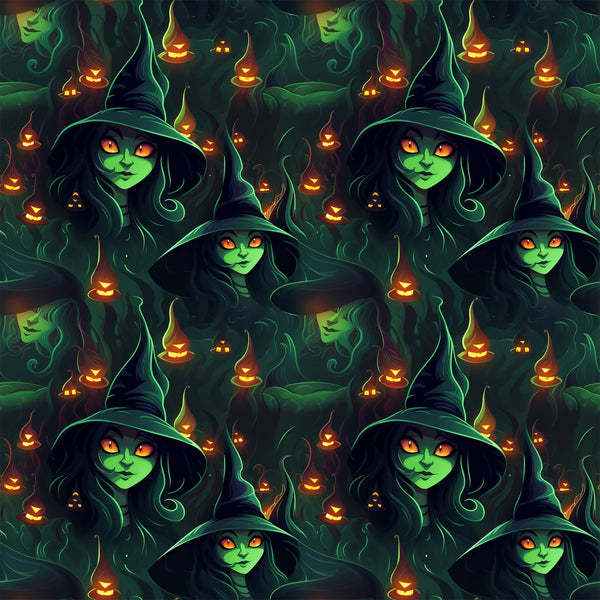 witch, halloween, green skin, orange eyes, pointed hat, jack-o'-lantern, pumpkin, spooky, dark green, orange glow, hooded figure, seamless pattern,, fabric panel, supernatural, eerie atmosphere, autumn theme, occult, mystical, horror motif