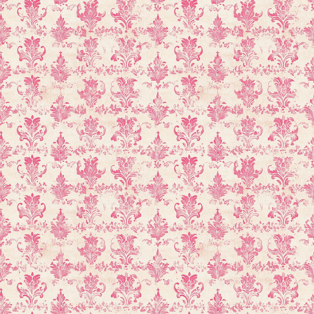 vintage pink, damask pattern, ornate florals, baroque design, cream background, rose pink, decorative motifs, scrollwork, elegant swirls,, fabric panel, romantic style, floral damask, ornamental design, soft pink tones, repeating pattern, intricate details, feminine aesthetic, vintage wallpaper style, decorative flourishes