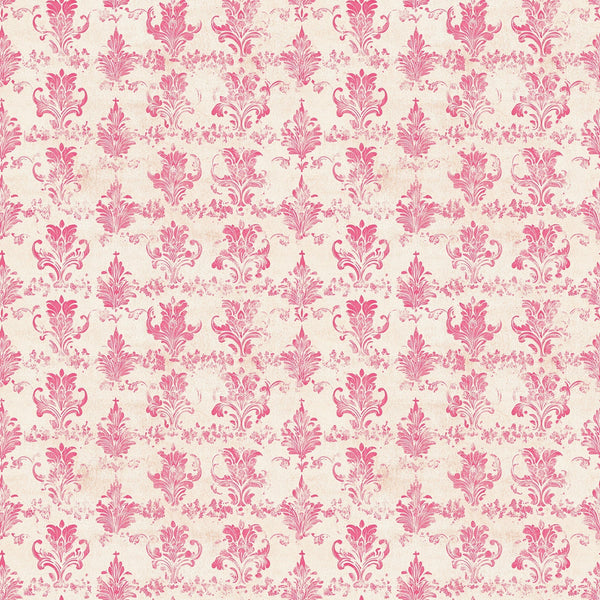 vintage pink, damask pattern, ornate florals, baroque design, cream background, rose pink, decorative motifs, scrollwork, elegant swirls,, fabric panel, romantic style, floral damask, ornamental design, soft pink tones, repeating pattern, intricate details, feminine aesthetic, vintage wallpaper style, decorative flourishes