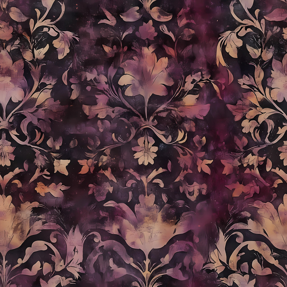 plum purple, deep purple, dusty rose, mauve, burgundy, black, gold, copper, ornate floral, damask, victorian, baroque, elegant, vintage, traditional, classical, scrolling vines, decorative flowers, botanical, romantic, luxurious, gothic, moody, sophisticated, distressed texture, painterly, artistic, home decor, upholstery, autumn