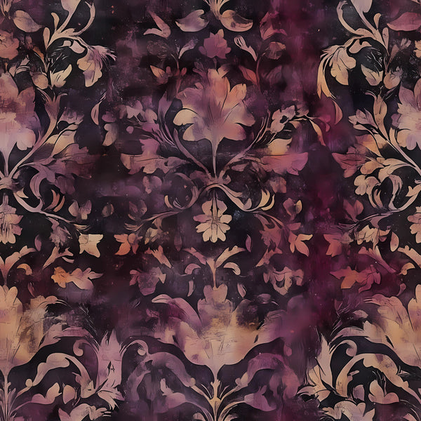plum purple, deep purple, dusty rose, mauve, burgundy, black, gold, copper, ornate floral, damask, victorian, baroque, elegant, vintage, traditional, classical, scrolling vines, decorative flowers, botanical, romantic, luxurious, gothic, moody, sophisticated, distressed texture, painterly, artistic, home decor, upholstery, autumn