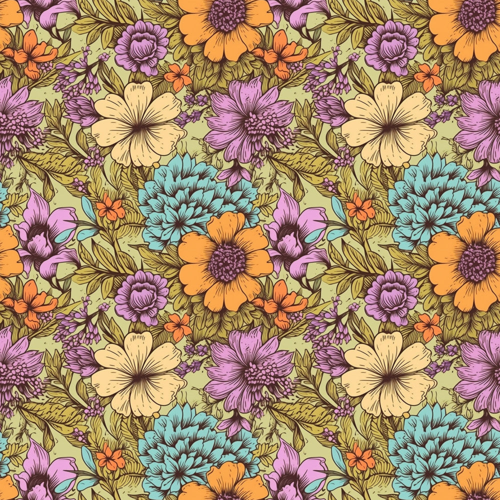 floral, colorful, sage green background, purple flowers, orange flowers, cream flowers, turquoise flowers, botanical, nature, garden, vintage floral, whimsical, bohemian, spring, summer, wildflowers, daisy, folk art, traditional, busy pattern, multi-colored, vibrant, playroom, kids room, cheerful, ornate leaves, detailed illustration, cottage core, retro floral