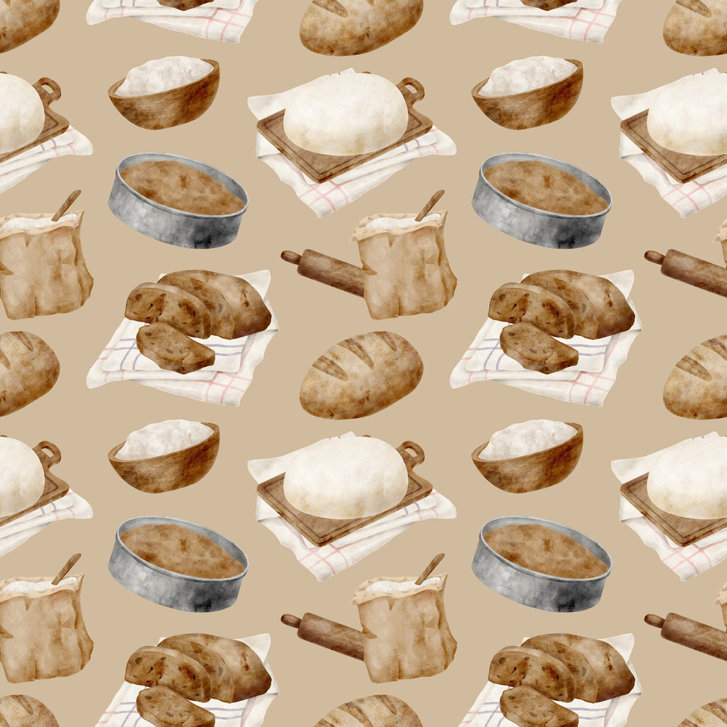 watercolor, baking pattern, beige background, tan, cream, brown, bread loaves, rolling pins, mixing bowls, flour sacks, checkered towels, kitchen utensils, baking tools, rustic style, artisan bread, sourdough, culinary theme,, fabric panel, cooking motif, bakery items, soft pastels, repeating pattern, food illustration