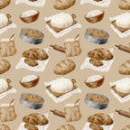 watercolor, baking pattern, beige background, tan, cream, brown, bread loaves, rolling pins, mixing bowls, flour sacks, checkered towels, kitchen utensils, baking tools, rustic style, artisan bread, sourdough, culinary theme,, fabric panel, cooking motif, bakery items, soft pastels, repeating pattern, food illustration