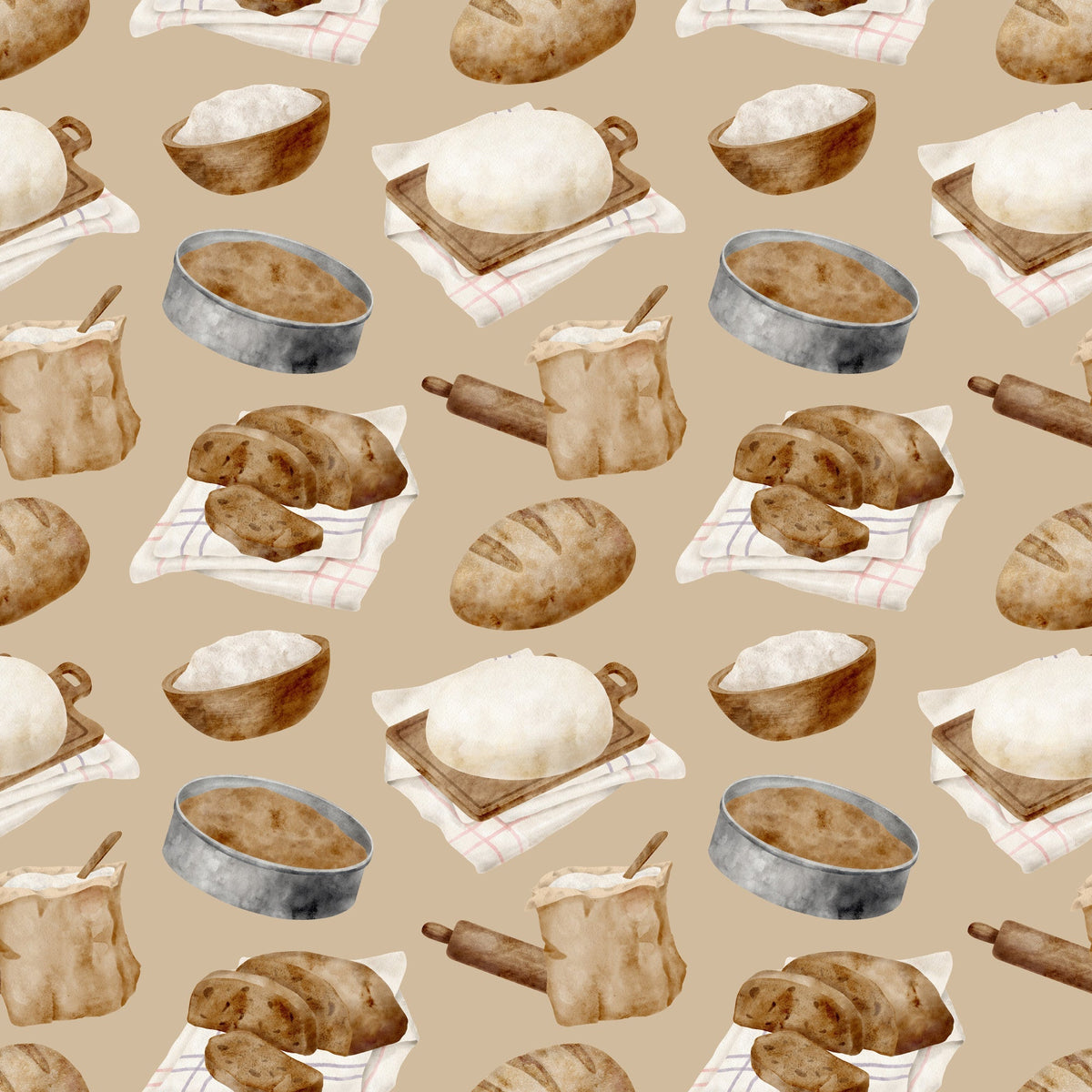 watercolor, baking pattern, beige background, tan, cream, brown, bread loaves, rolling pins, mixing bowls, flour sacks, checkered towels, kitchen utensils, baking tools, rustic style, artisan bread, sourdough, culinary theme,, fabric panel, cooking motif, bakery items, soft pastels, repeating pattern, food illustration