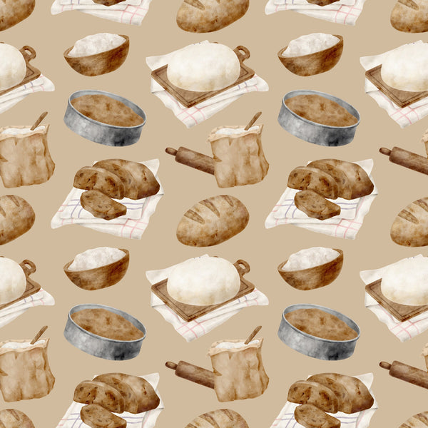 watercolor, baking pattern, beige background, tan, cream, brown, bread loaves, rolling pins, mixing bowls, flour sacks, checkered towels, kitchen utensils, baking tools, rustic style, artisan bread, sourdough, culinary theme,, fabric panel, cooking motif, bakery items, soft pastels, repeating pattern, food illustration