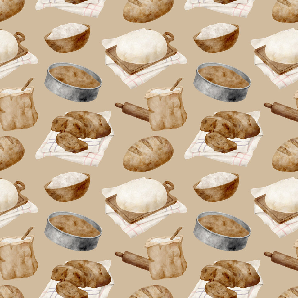 watercolor, baking pattern, beige background, tan, cream, brown, bread loaves, rolling pins, mixing bowls, flour sacks, checkered towels, kitchen utensils, baking tools, rustic style, artisan bread, sourdough, culinary theme,, fabric panel, cooking motif, bakery items, soft pastels, repeating pattern, food illustration