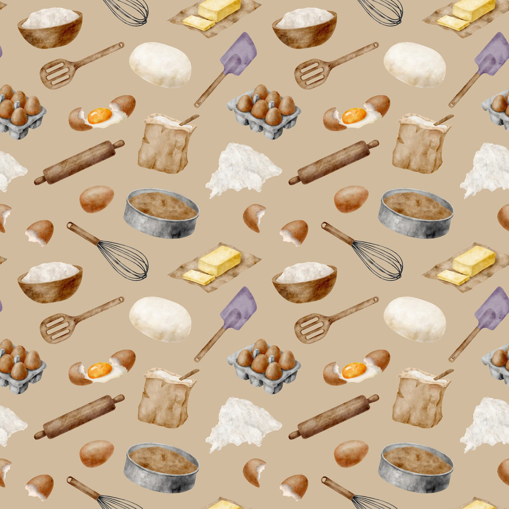 watercolor, baking pattern,, fabric panel, beige background, tan, cream, brown, yellow butter, purple spatula, kitchen utensils, eggs, flour bowl, rolling pin, whisk, baking ingredients, food illustration, cooking theme, repeating pattern, soft pastels, culinary motifs