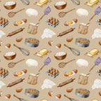watercolor, baking pattern,, fabric panel, beige background, tan, cream, brown, yellow butter, purple spatula, kitchen utensils, eggs, flour bowl, rolling pin, whisk, baking ingredients, food illustration, cooking theme, repeating pattern, soft pastels, culinary motifs