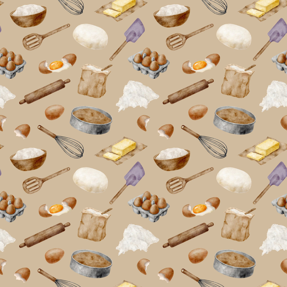 watercolor, baking pattern,, fabric panel, beige background, tan, cream, brown, yellow butter, purple spatula, kitchen utensils, eggs, flour bowl, rolling pin, whisk, baking ingredients, food illustration, cooking theme, repeating pattern, soft pastels, culinary motifs