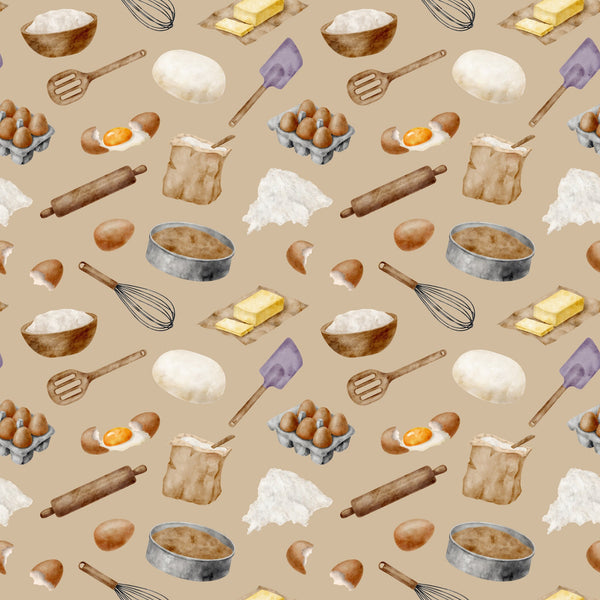 watercolor, baking pattern,, fabric panel, beige background, tan, cream, brown, yellow butter, purple spatula, kitchen utensils, eggs, flour bowl, rolling pin, whisk, baking ingredients, food illustration, cooking theme, repeating pattern, soft pastels, culinary motifs