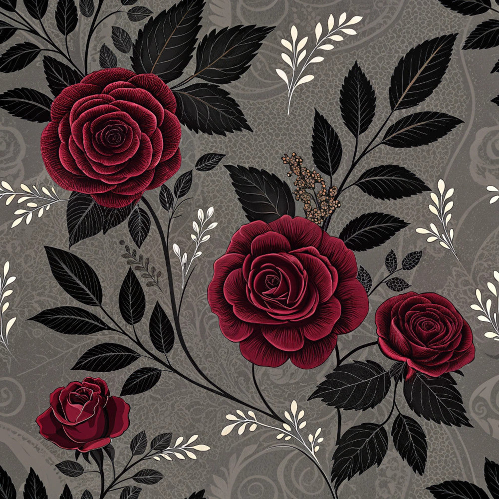 burgundy roses, deep red flowers, charcoal gray background, black leaves, cream accents, floral pattern, botanical design, rose motifs, romantic style, elegant aesthetic, vintage floral, traditional design, nature-inspired, decorative foliage, ornamental leaves, classic roses, sophisticated pattern, dark academia, gothic romance, timeless flowers, ornate design, decorative botanicals, red and gray, contrasting florals, detailed petals, nursery decor, feminine style, heirloom quality