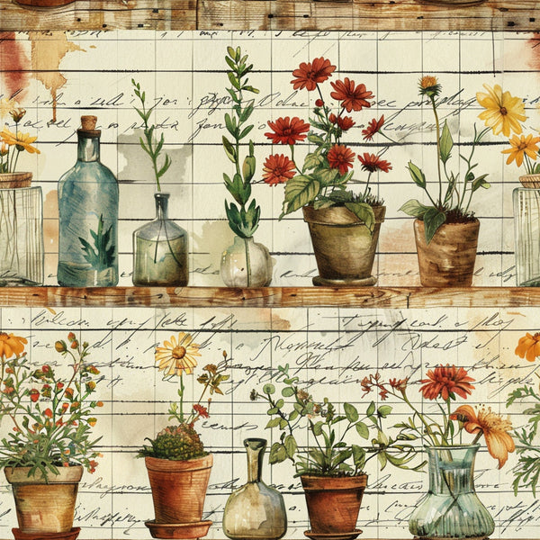 botanical illustrations, terracotta pots, glass bottles, vintage florals, grid background, handwritten script, watercolor style, garden theme, potted plants, amber yellow, rustic brown, sage green, coral red,, fabric panel, cottage core, herbarium, apothecary jars, wildflowers, farm life