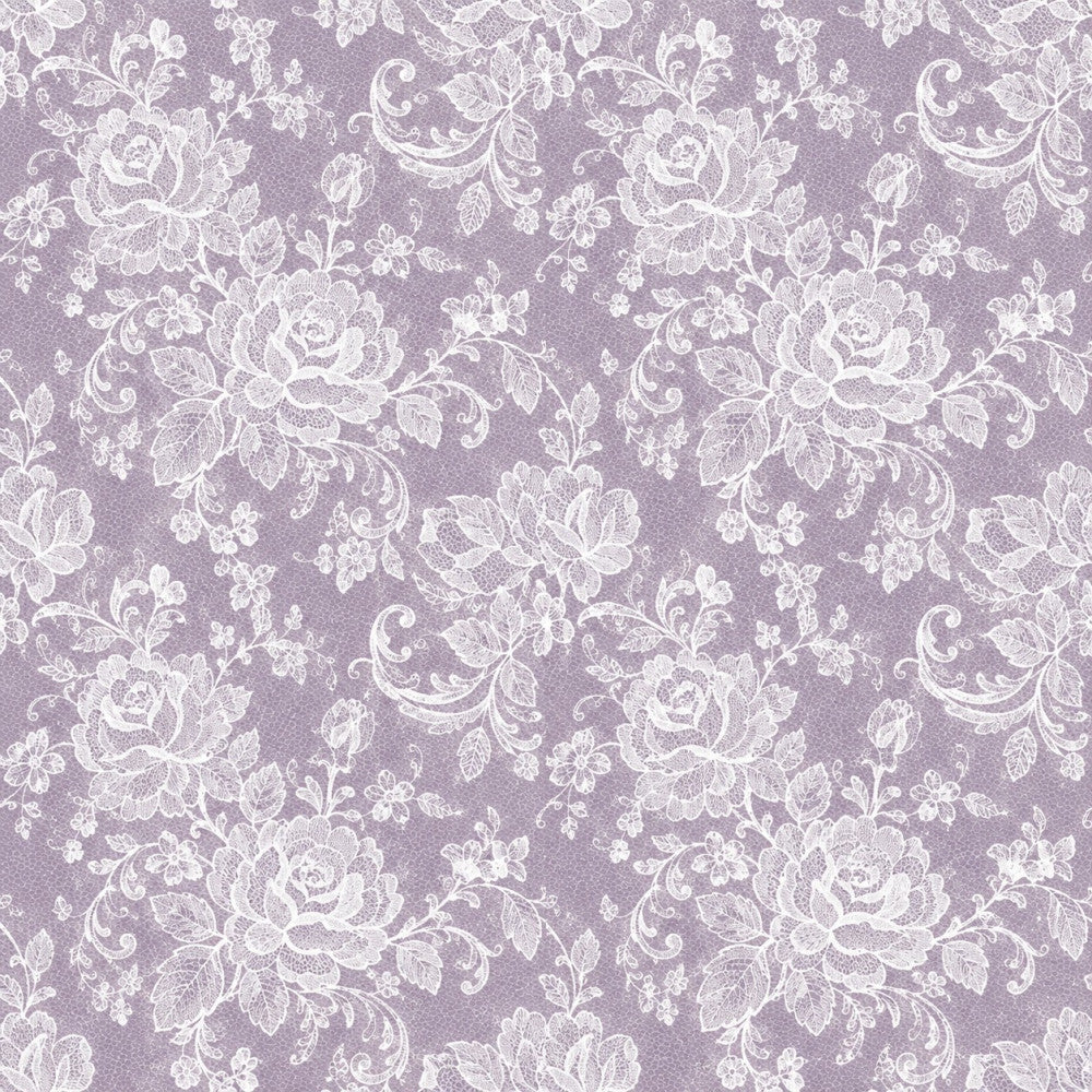 lavender, mauve, dusty purple, white, lace floral, vintage floral, rose, ornamental, damask, scrollwork, flourish, elegant, romantic, traditional, botanical, garden, nature, wedding, bridal, sophisticated, ornate, detailed, delicate, classic, timeless, shabby chic, heirloom