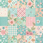 mint green, coral pink, peach, floral motifs, gingham checks, polka dots, spring flowers, roses, daisies, botanical leaves, patchwork squares,, fabric panel, cottage core, vintage style, pastel palette, garden blooms, coordinating prints, crafting material, sewing supplies