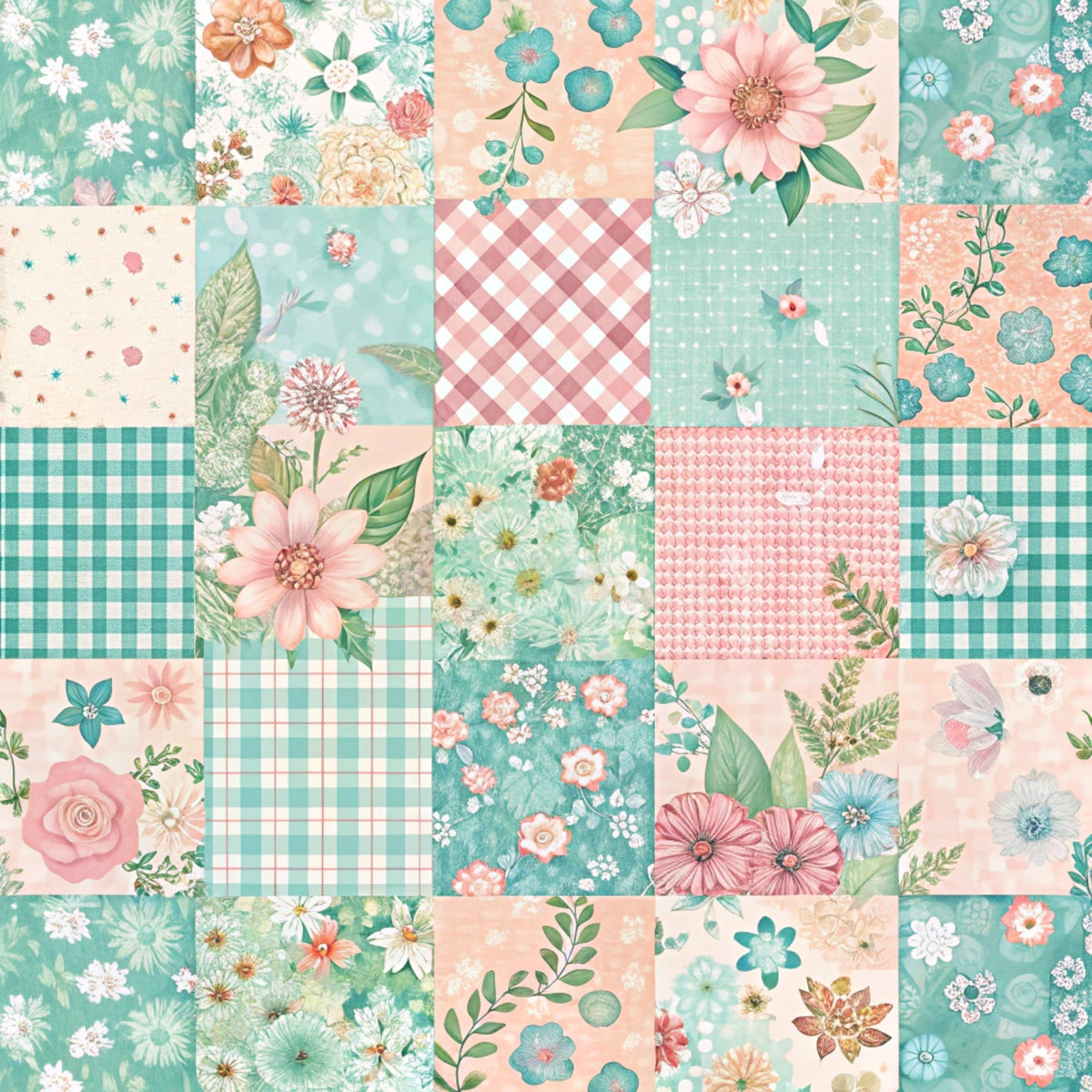 mint green, coral pink, peach, floral motifs, gingham checks, polka dots, spring flowers, roses, daisies, botanical leaves, patchwork squares,, fabric panel, cottage core, vintage style, pastel palette, garden blooms, coordinating prints, crafting material, sewing supplies