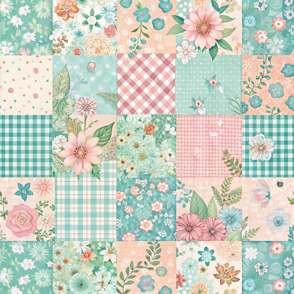 mint green, coral pink, peach, floral motifs, gingham checks, polka dots, spring flowers, roses, daisies, botanical leaves, patchwork squares,, fabric panel, cottage core, vintage style, pastel palette, garden blooms, coordinating prints, crafting material, sewing supplies