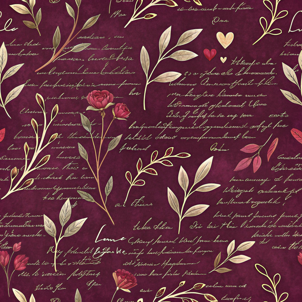 burgundy, wine red, cream, gold, sage green, dusty rose, floral, botanical, roses, leaves, script text, calligraphy, hearts, elegant, romantic, vintage, nature, garden, literary, whimsical, traditional, feminine, cursive writing, leafy vines, autumn, wedding, love themed, classic, sophisticated, decorative text