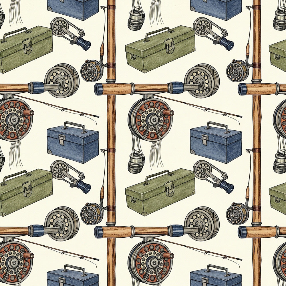 fishing theme, vintage fishing, fly fishing, fishing tackle, fishing rods, fishing reels, tackle box, vintage sports, outdoor recreation, khaki, navy blue, rust brown, cream, tan, beige, fishing equipment, retro sporting, masculine, vintage style, rustic, traditional, nostalgic, collectible, hobby themed, sportsman style, den decor, man cave, boys room, fishing enthusiast, heritage style