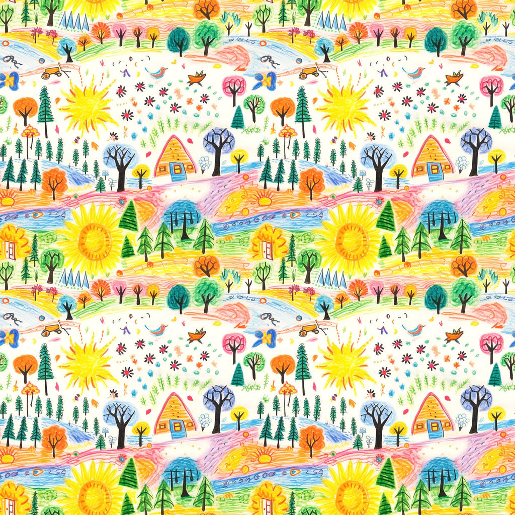 child drawing style, crayon art, whimsical pattern, bright yellow sun, colorful trees, small houses, nature scene, playful design,, fabric panel, cheerful colors, hand drawn look, 童趣风格, orange trees, green pine trees, blue water, rainbow colors, kids artwork, repeating pattern, craft fabric