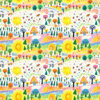 child drawing style, crayon art, whimsical pattern, bright yellow sun, colorful trees, small houses, nature scene, playful design,, fabric panel, cheerful colors, hand drawn look, 童趣风格, orange trees, green pine trees, blue water, rainbow colors, kids artwork, repeating pattern, craft fabric