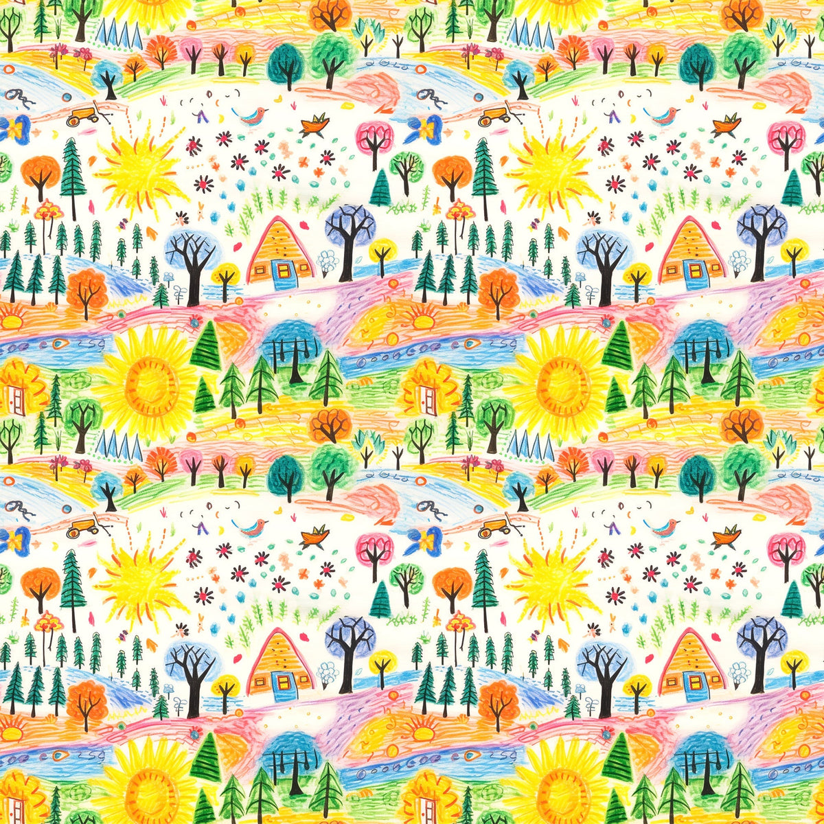 child drawing style, crayon art, whimsical pattern, bright yellow sun, colorful trees, small houses, nature scene, playful design,, fabric panel, cheerful colors, hand drawn look, 童趣风格, orange trees, green pine trees, blue water, rainbow colors, kids artwork, repeating pattern, craft fabric