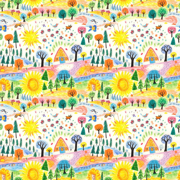 child drawing style, crayon art, whimsical pattern, bright yellow sun, colorful trees, small houses, nature scene, playful design,, fabric panel, cheerful colors, hand drawn look, 童趣风格, orange trees, green pine trees, blue water, rainbow colors, kids artwork, repeating pattern, craft fabric