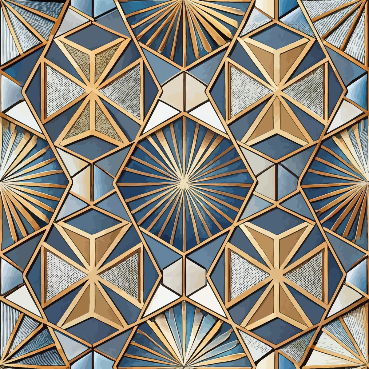 art deco, geometric pattern, hexagonal shapes, star motifs, radiating lines, sunburst design, blue tones, golden bronze, cream white, metallic accents,, fabric panel, angular geometry, symmetrical design, vintage style, repeating pattern, dimensional effect, textured appearance, 1920s inspired