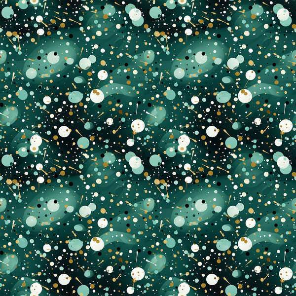 dark green, forest green, teal, white, gold, cream, confetti pattern, scattered dots, circles, abstract design, geometric shapes, modern pattern, festive, celebratory,, fabric panel, contemporary style, speckled design, party theme, dotted pattern