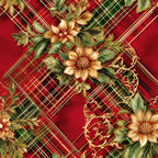 red, green, gold, christmas, plaid, tartan, floral motifs, ornate flowers, decorative scrollwork, baroque flourishes,, fabric panel, holiday pattern, festive design, geometric plaid, botanical elements, rich colors, seasonal fabric, diagonal stripes, elegant florals