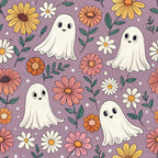 purple background, cute ghosts, daisy flowers, white flowers, pink flowers, yellow flowers, orange flowers, green leaves, polka dots, whimsical pattern, friendly ghosts, floral motifs, retro style, halloween theme,, fabric panel, cartoon style, cheerful design, autumn colors, spooky cute