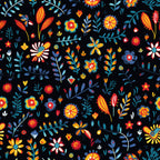 mexican floral, folk art, vibrant flowers, black background, red blooms, blue leaves, yellow petals, orange accents, colorful botanical, decorative motifs,, fabric panel, festive pattern, bright colors, floral scatter, artistic blooms, craft fabric, sewing material