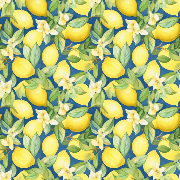 yellow lemons, blue background, citrus fruits, white blossoms, green leaves, botanical pattern, repeating design, bright colors, fresh fruit, lemon tree, floral elements, summer theme,, fabric panel, cheerful mood, citrus grove, natural motifs, vibrant yellow, navy blue, tropical feel