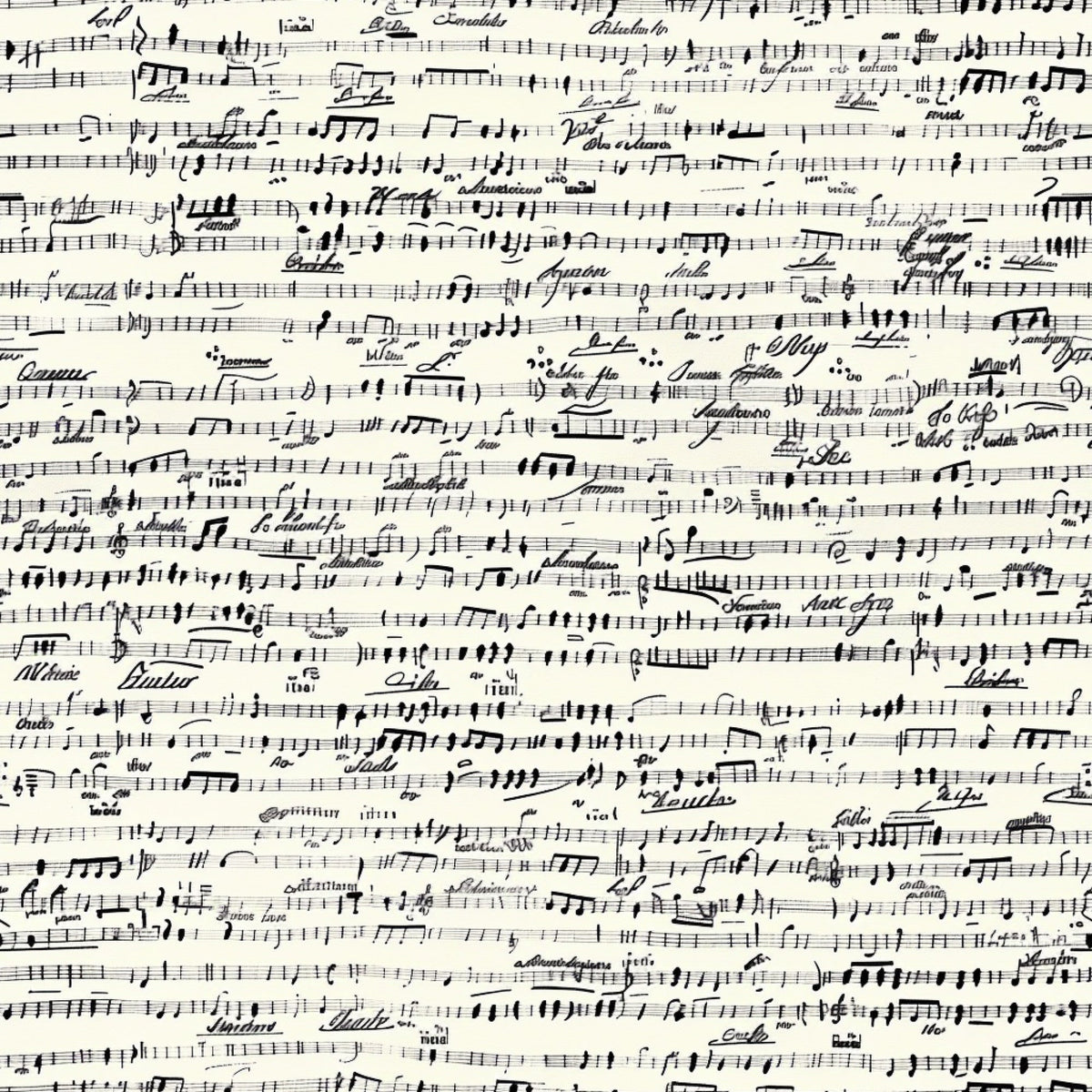 black and white, musical notes, sheet music, handwritten notation, vintage style, monochrome, cotton fabric, quilting panel, music themed, manuscript paper, treble clef, musical staff, antique aesthetic, cream background, ink writing, composer notes, musical composition, fabric panel, craft material