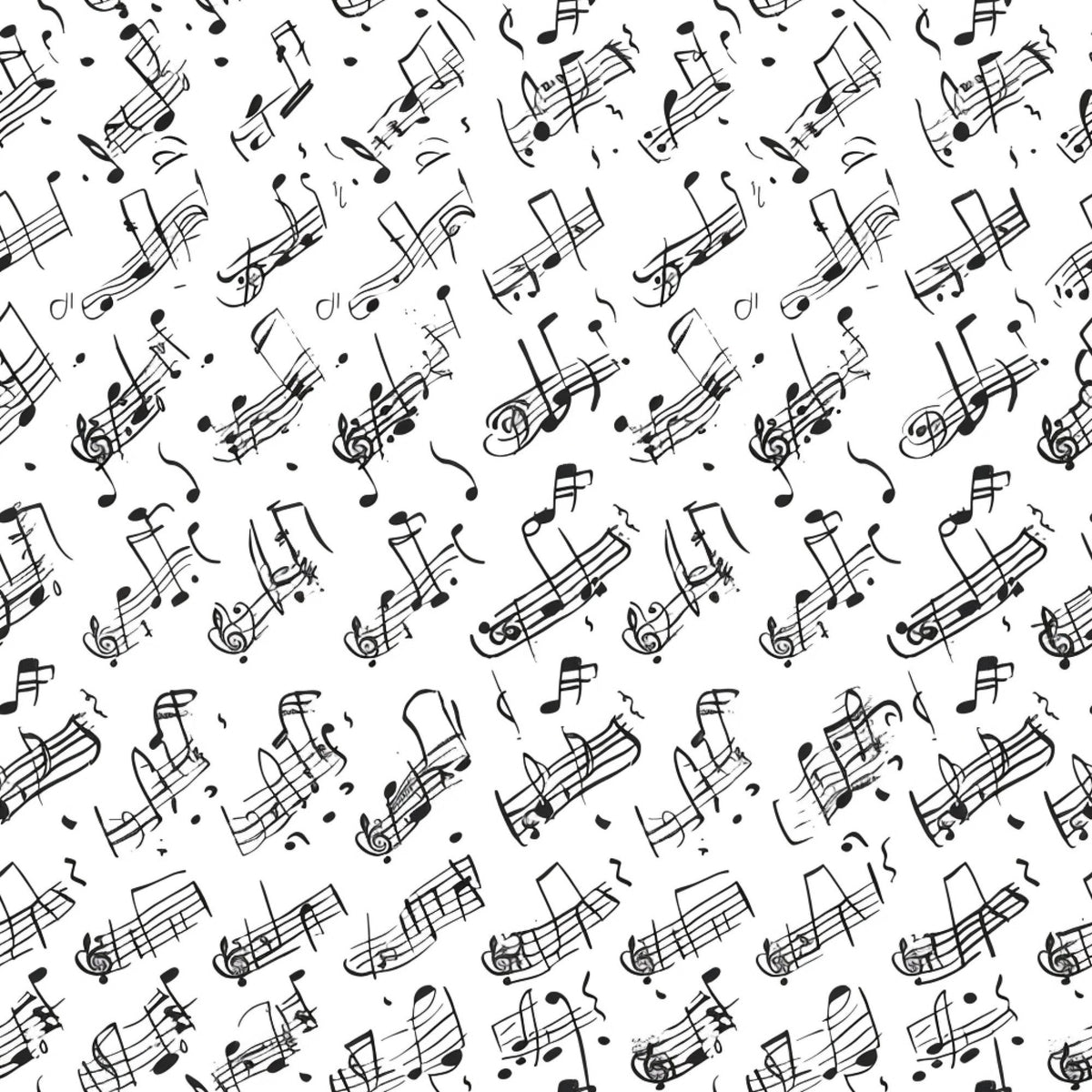 black and white, musical notes, treble clef, staff lines, handwritten style, scattered pattern, monochrome,, fabric panel, music theme, flowing design, artistic notation, repeating motif, craft fabric, sewing material, musical symbols, elegant pattern, contemporary style
